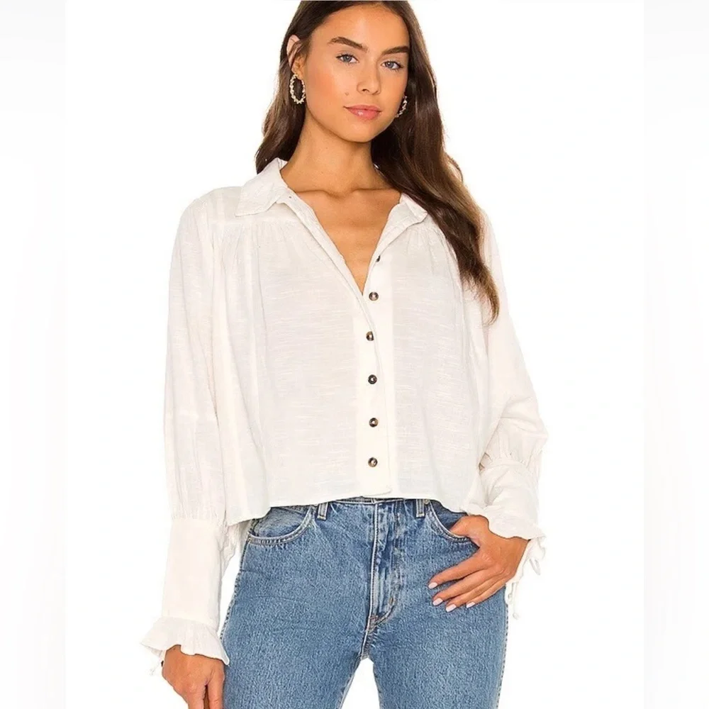 Free People Kiss Kiss Blouse Ivory Button Down Long Sleeve Size Large - Picture 2 of 5